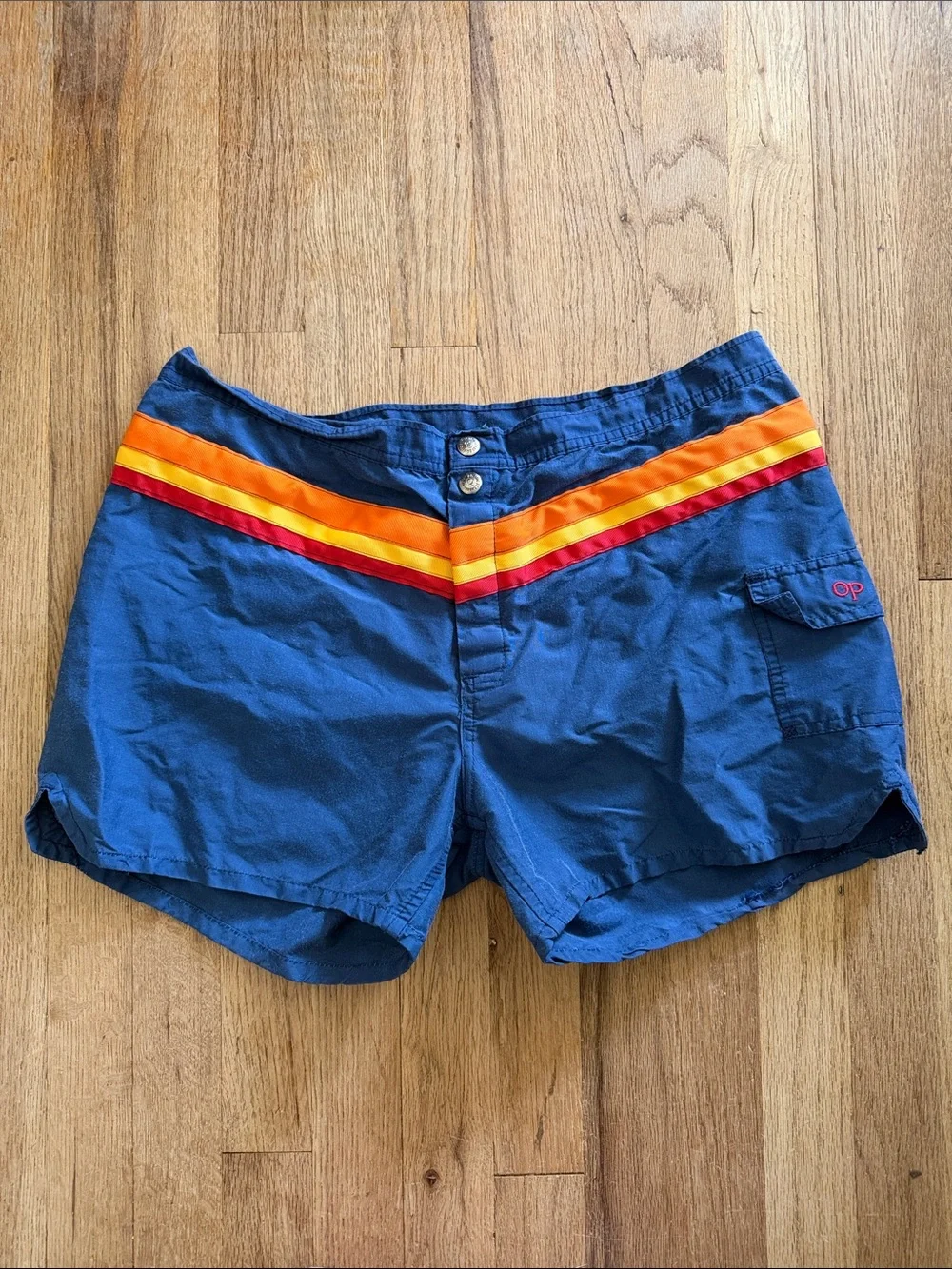VTG 70s 80s Ocean Pacific OP Rainbow Stripe Board Shorts Swim Trunks Blue Med